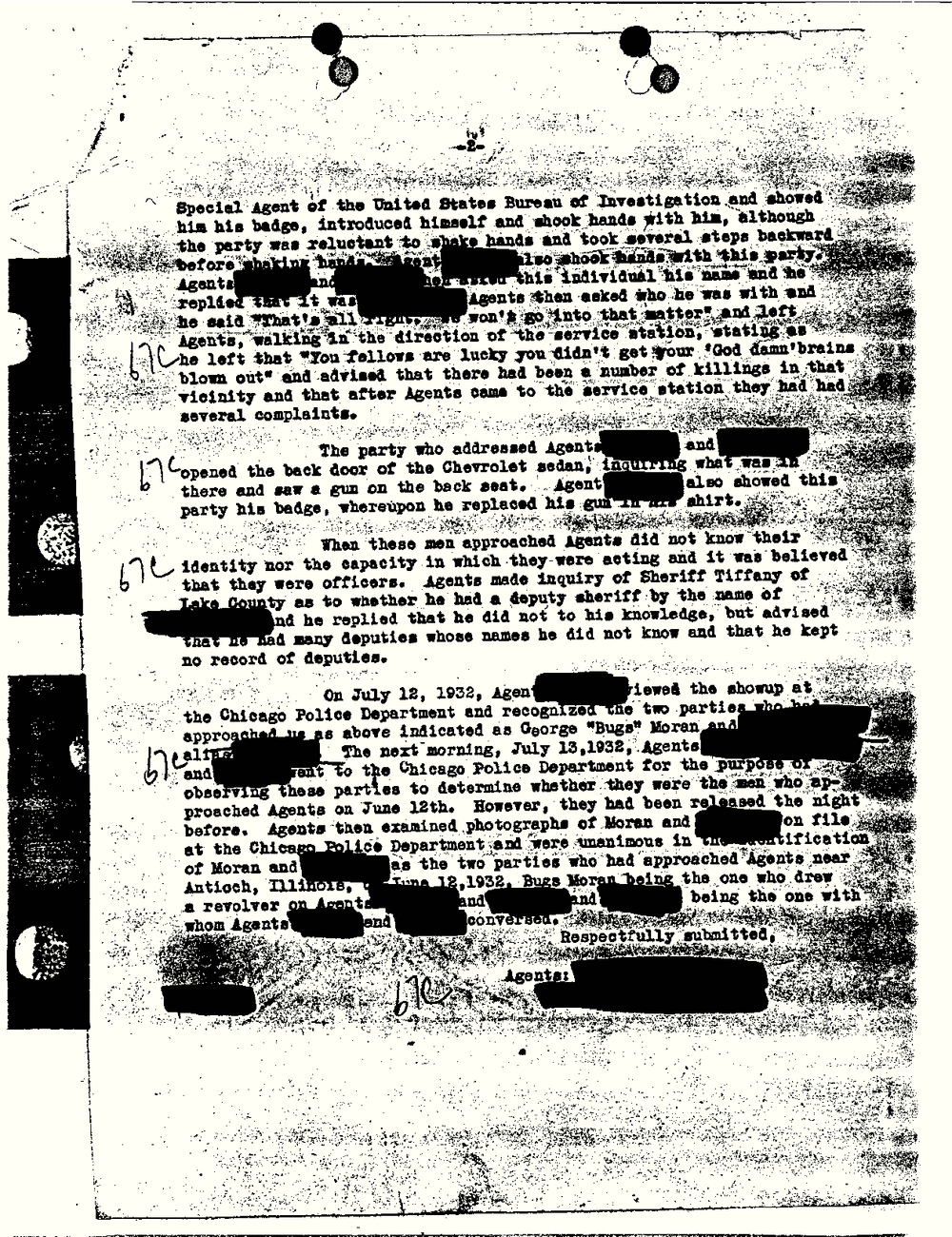 Typed second page of a Bureau of Investigation memorandum, scan 11 of Part 01 of the Moran file, with agents' names blacked out and handwritten b7C marks in the margin; the last paragraph names George "Bugs" Moran