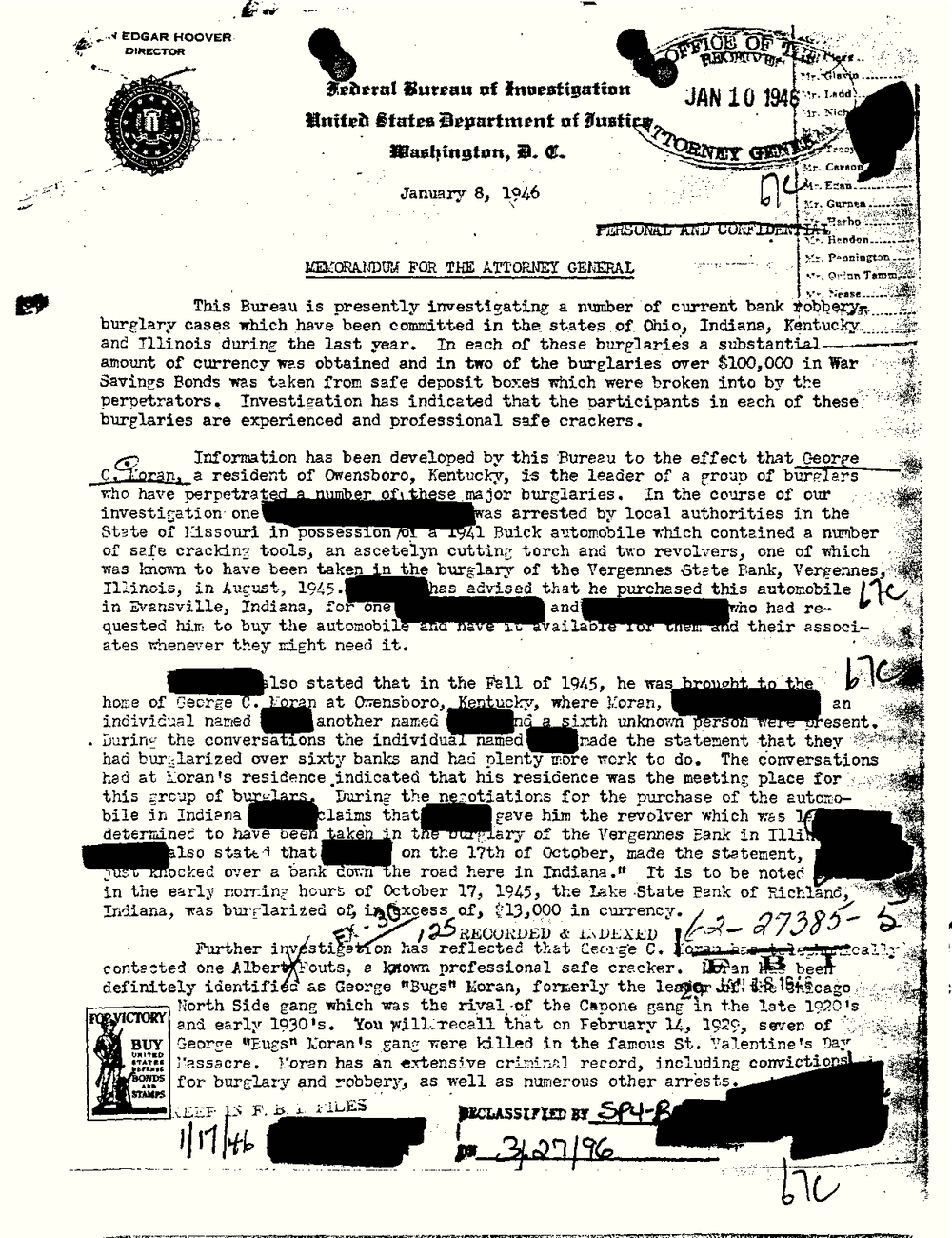 First page of a typed FBI memorandum dated January 8, 1946, headed Memorandum for the Attorney General, with a received stamp of the Office of the Attorney General, redaction bars and a War Savings Bonds emblem at lower left