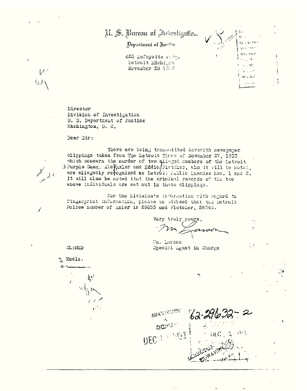 U.S. Bureau of Investigation letter from 625 Lafayette Building, Detroit, dated November 28, 1933, signed Wm. Larson, Special Agent in Charge