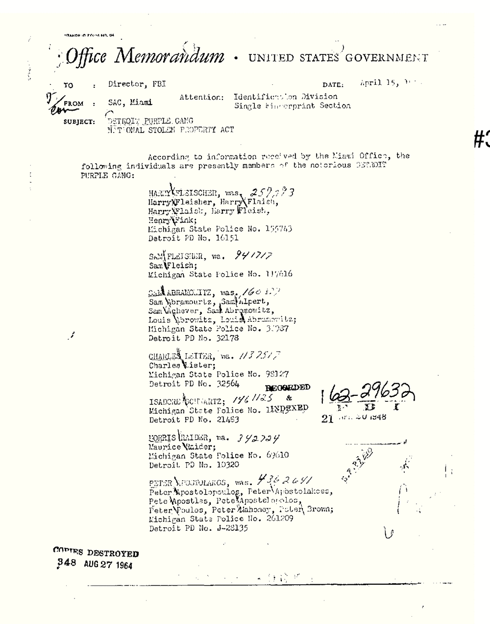 United States Government office memorandum to the Director, FBI, from SAC Miami, subject Detroit Purple Gang, National Stolen Property Act, listing names and police numbers