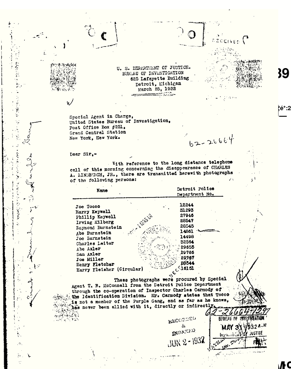 First page of the Bureau of Investigation letter dated Detroit, March 25, 1932, listing thirteen names with Detroit Police Department numbers