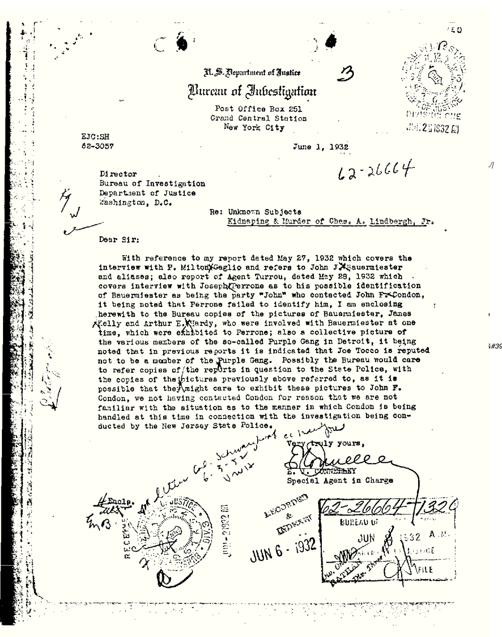 Bureau of Investigation letter from New York City dated June 1, 1932, re Kidnaping and Murder of Chas. A. Lindbergh, Jr., signed E. J. Connelley