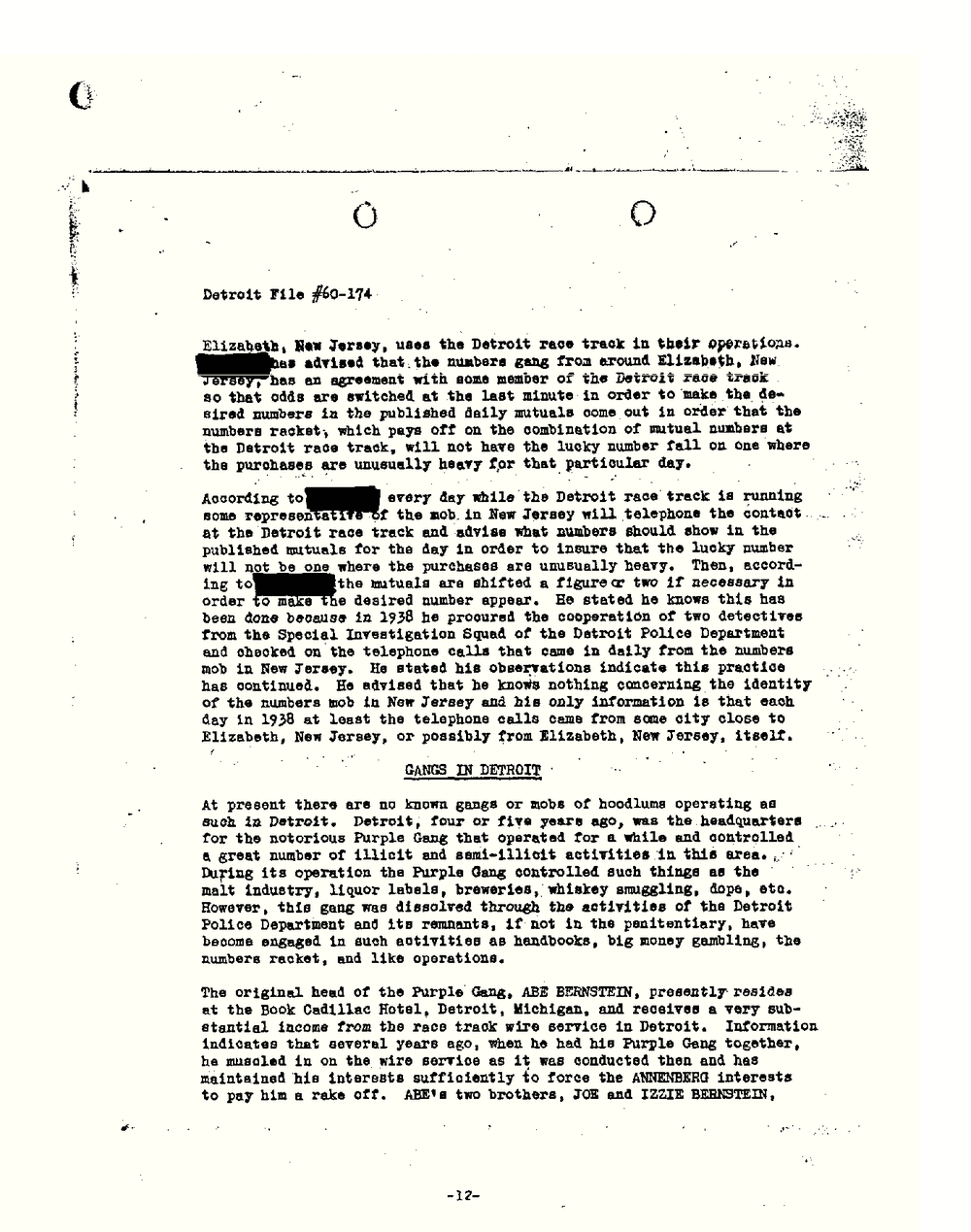 Page numbered 12 of the Detroit letter of June 17, 1939, headed Detroit File 60-174, with the section Gangs in Detroit