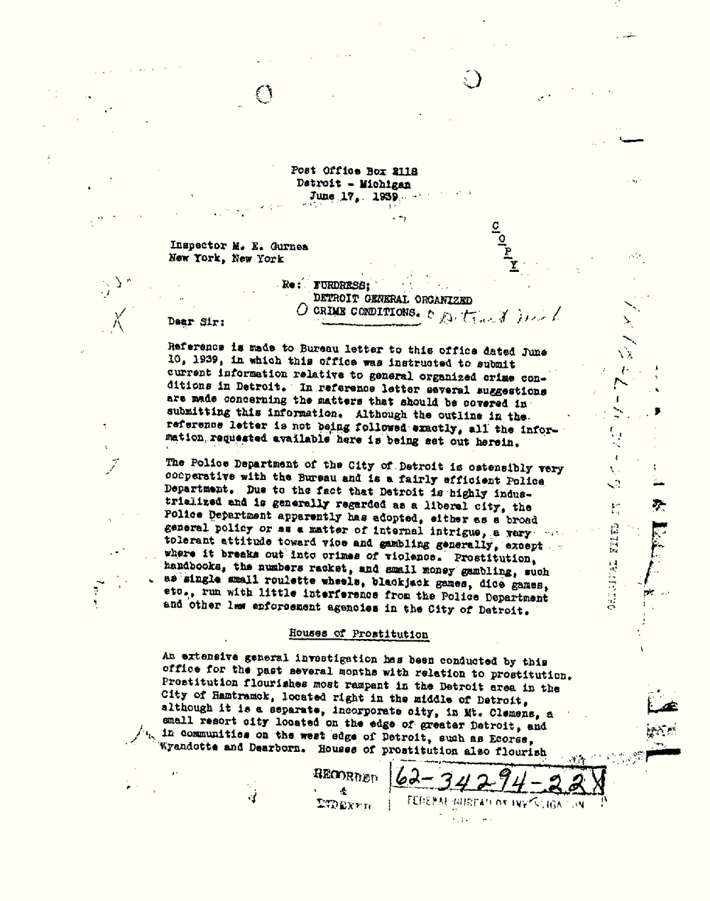 First page of the Detroit Special Agent in Charge's letter of 17 June 1939 on general organized crime conditions in Detroit, from the FBI Vault Purple Gang file, Part 03