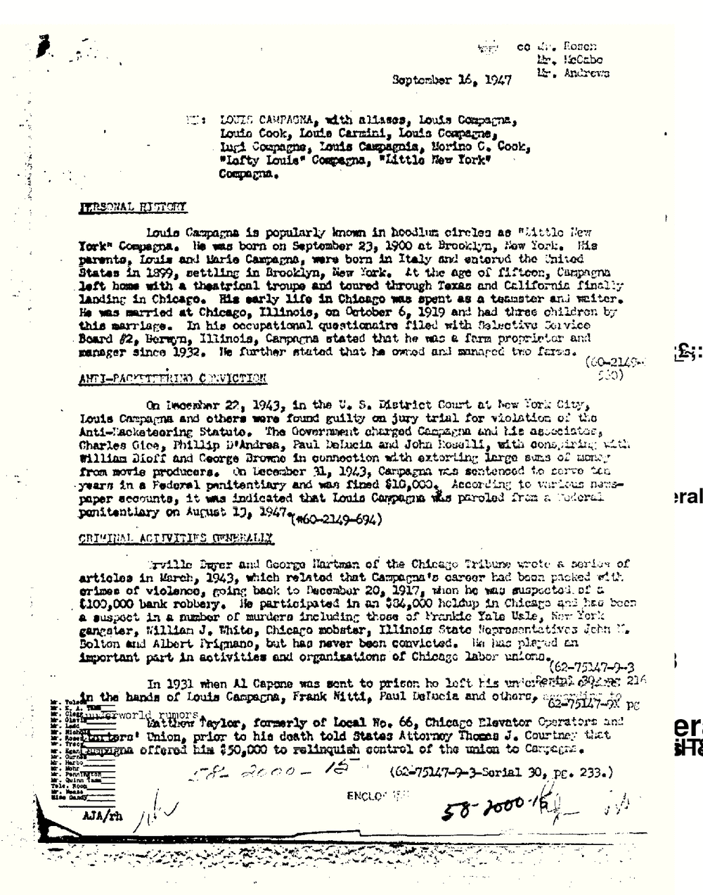 Typed FBI memorandum dated September 16, 1947, headed RE: Louis Campagna, with aliases, with sections headed Personal History, Anti-Racketeering Conviction and Criminal Activities Generally.