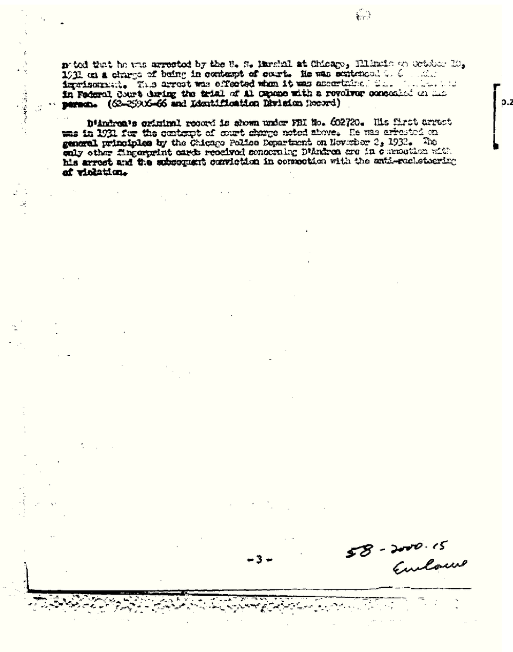 Typed FBI memorandum page numbered 3 describing D'Andrea's 1931 arrest for contempt of court during the trial of Al Capone and his FBI criminal record number 602720.
