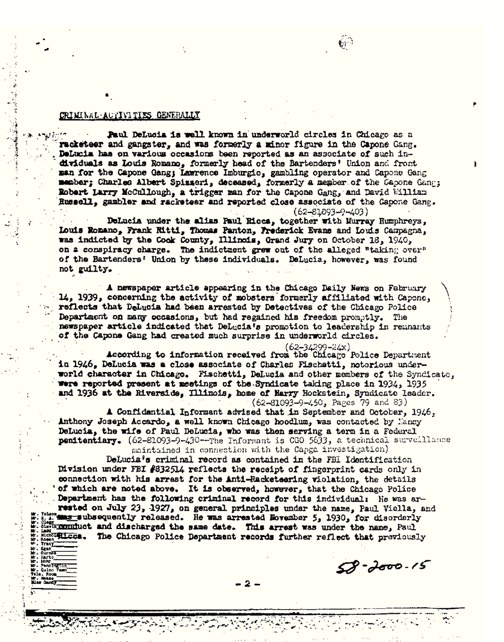Typed FBI memorandum page numbered 2 headed Criminal Activities Generally, describing Paul DeLucia's reported associations, a 1940 Cook County indictment and his police record.