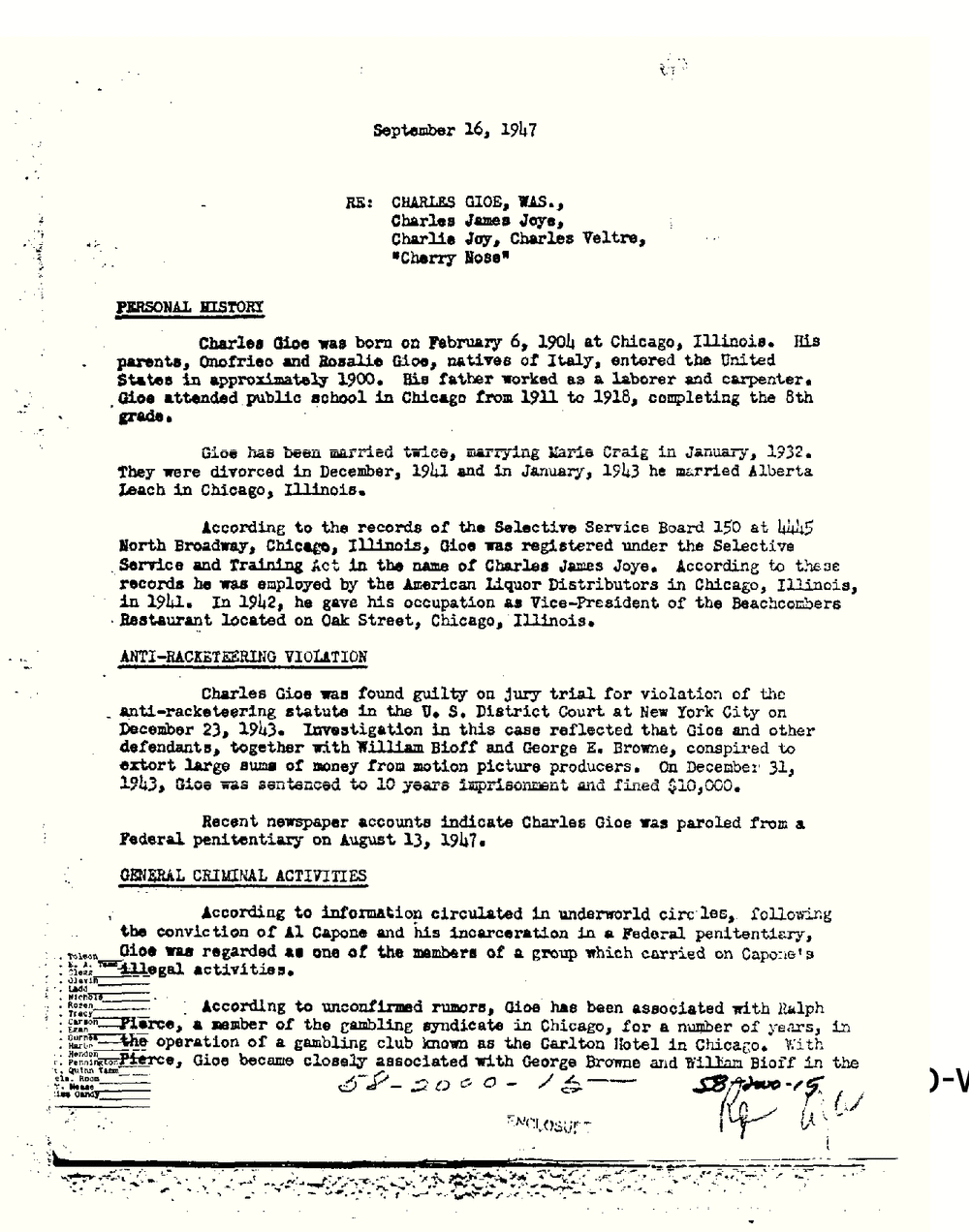 Typed FBI memorandum dated September 16, 1947, headed RE: Charles Gioe, was., Charles James Joye, Charlie Joy, Charles Veltre, Cherry Nose, with sections headed Personal History, Anti-Racketeering Violation and General Criminal Activities.