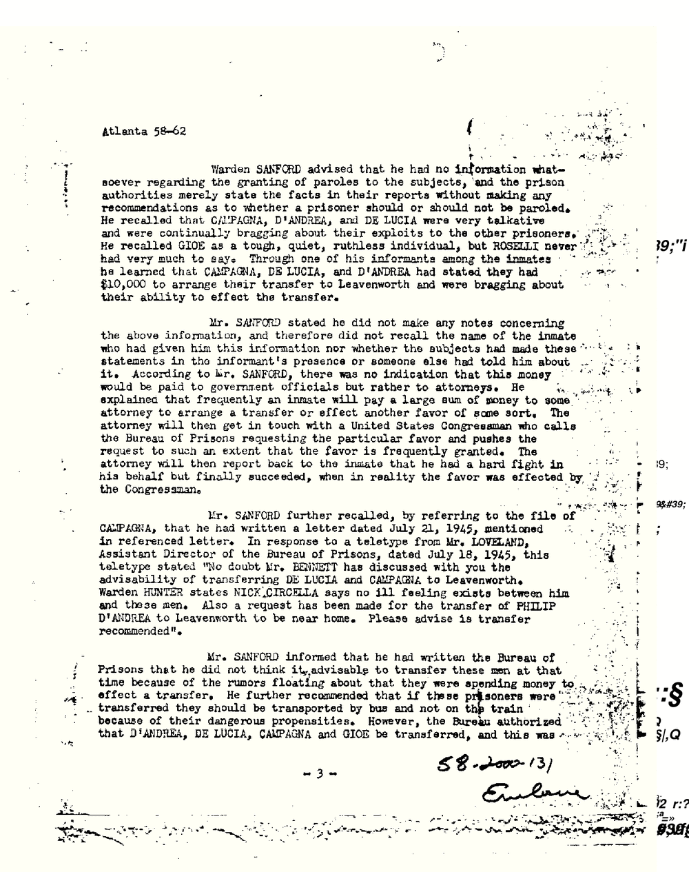 Typed FBI report page marked Atlanta 58-62 and numbered 3, recording Warden Sanford's account of the prisoners and the July 1945 teletype about transferring De Lucia and Campagna to Leavenworth.