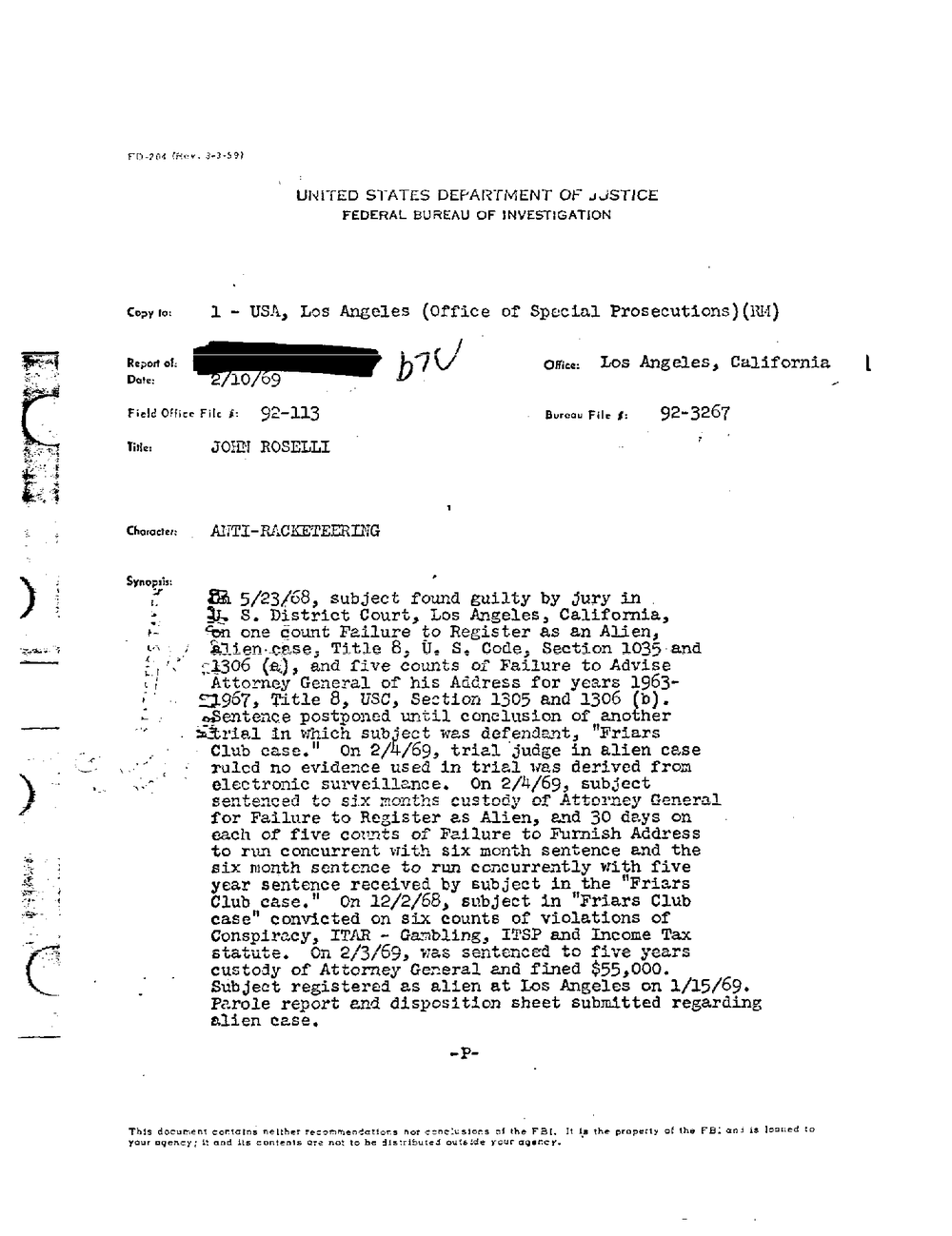 Viewer page 141 of Part 08 of the FBI Vault's John Roselli file: the cover page of a Los Angeles report dated 2/10/69, office file 92-113, Bureau file 92-3267, title John Roselli, character Anti-Racketeering, whose synopsis summarizes the 1968 alien case and the Friars Club case