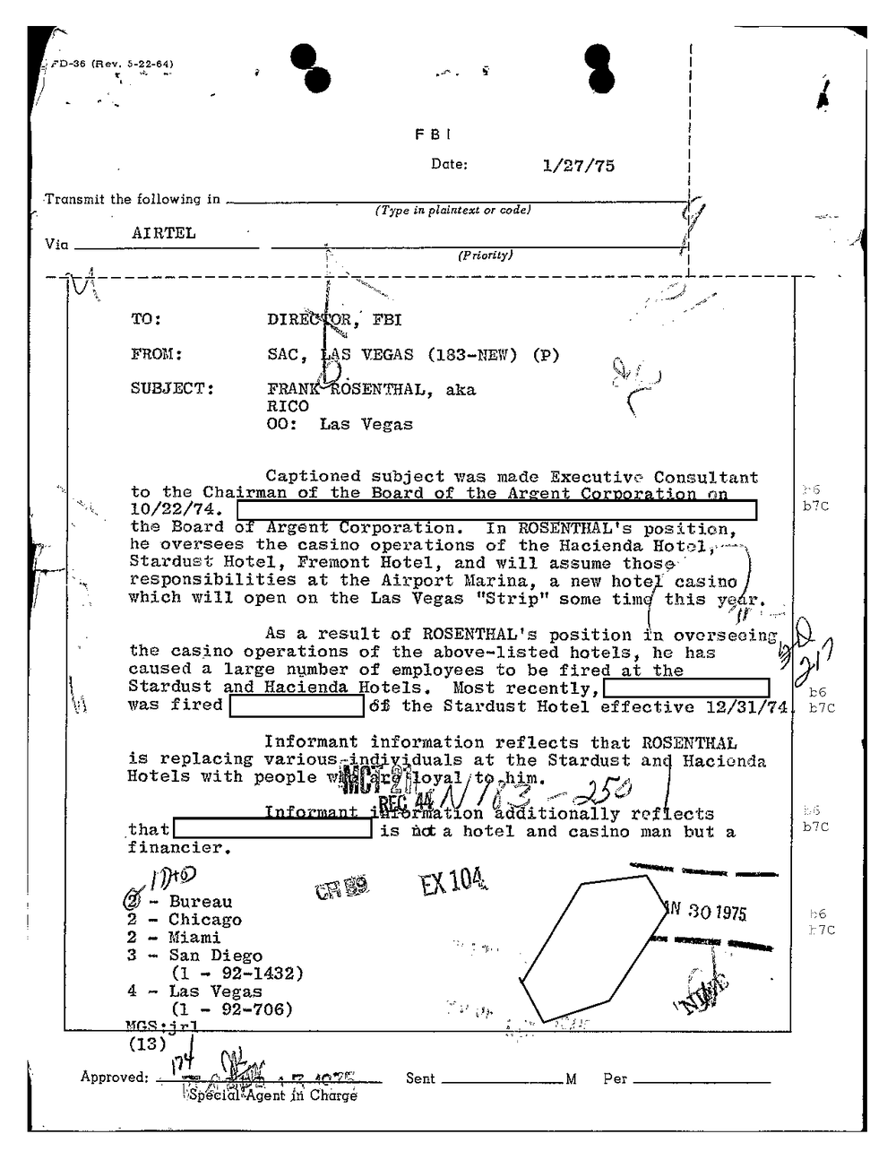 Typed FBI airtel from the Special Agent in Charge, Las Vegas, to the Director, dated 1/27/75, subject Frank Rosenthal, RICO, from the FBI Vault, Frank Rosenthal Part 01, scan 11