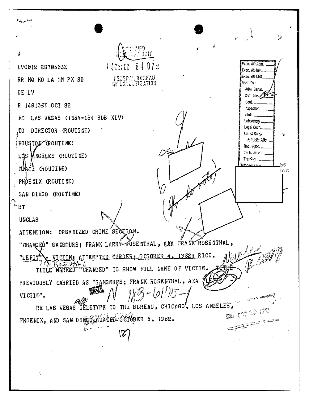 FBI teletype from Las Vegas to the Director dated 14 October 1982, titled changed, Gangmurs, Frank Larry Rosenthal, attempted murder, October 4, 1982, RICO, from the FBI Vault, Frank Rosenthal Part 02, scan 86