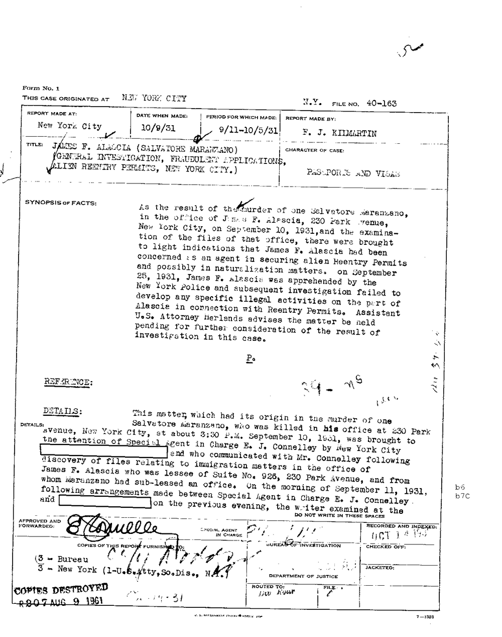 Viewer page 1 of the FBI Vault's Salvatore Maranzano (Final) file: a Bureau of Investigation report made at New York City on 10/9/31 by J. Kilmartin, file 40-163, titled James F. Alascia (Salvatore Maranzano), Passports and Visas