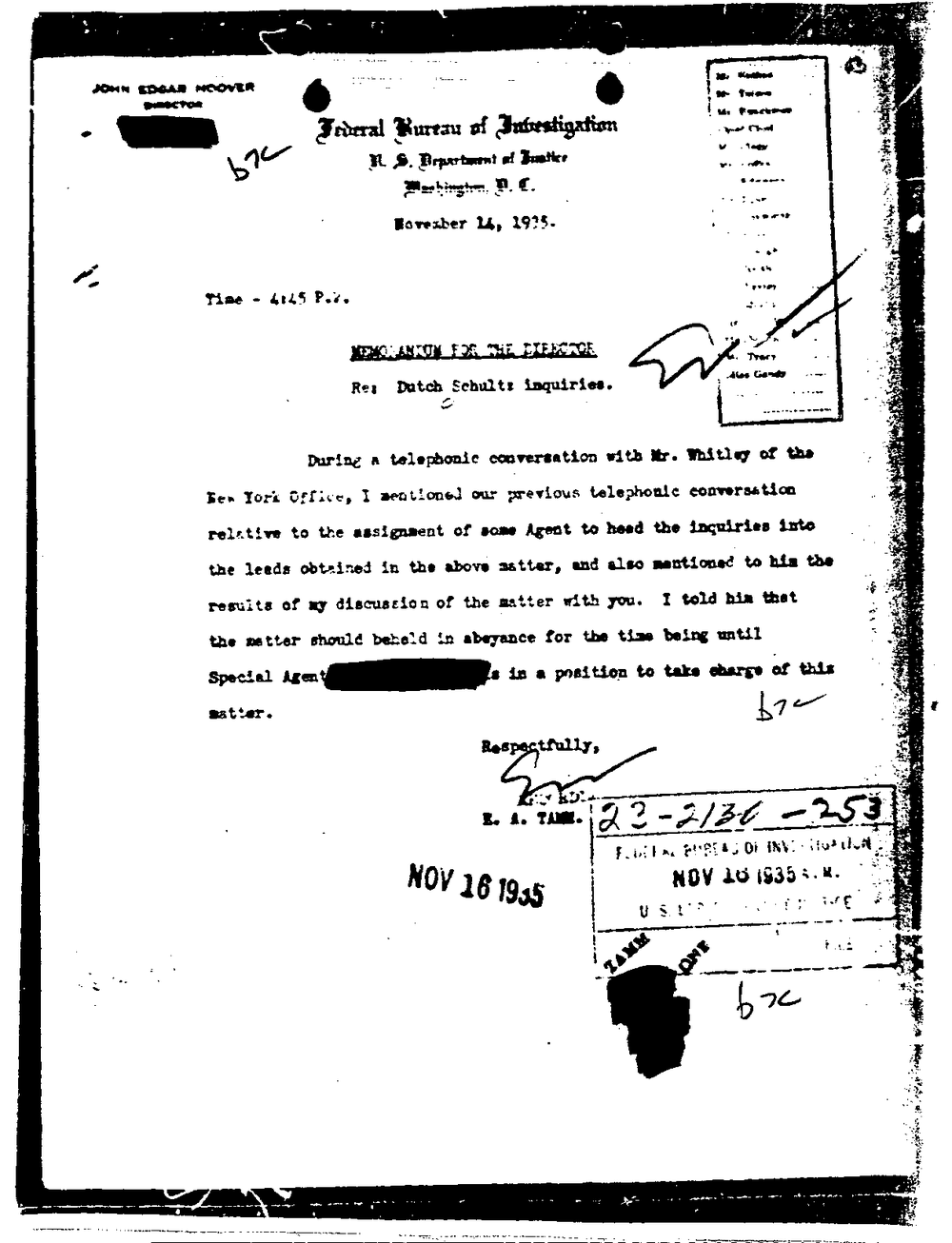 Typed Federal Bureau of Investigation memorandum for the Director dated November 14, 1935, Re: Dutch Schultz inquiries, signed E. A. Tamm, with an agent's name redacted, from the FBI Vault, Dutch Schultz Part 03, page 23