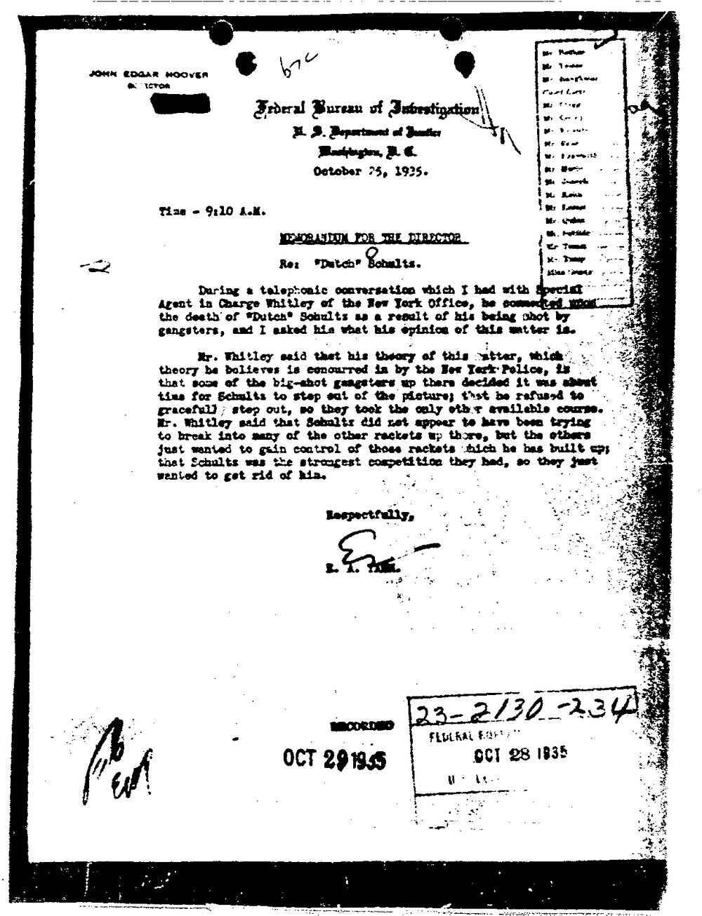 Typed Federal Bureau of Investigation memorandum for the Director dated October 25, 1935, Re: Dutch Schultz, signed E. A. Tamm, with the serial 23-2130-234, from the FBI Vault, Dutch Schultz Part 03, page 4