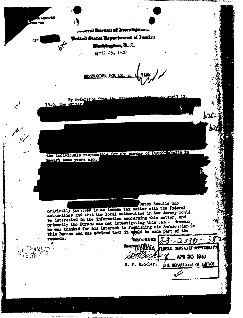 Typed memorandum for Mr. E. A. Tamm dated April 25, 1940, mostly blacked out, mentioning the murder of Dutch Schultz in Newark and signed G. F. Bickley, from the FBI Vault, Dutch Schultz Part 05, page 22