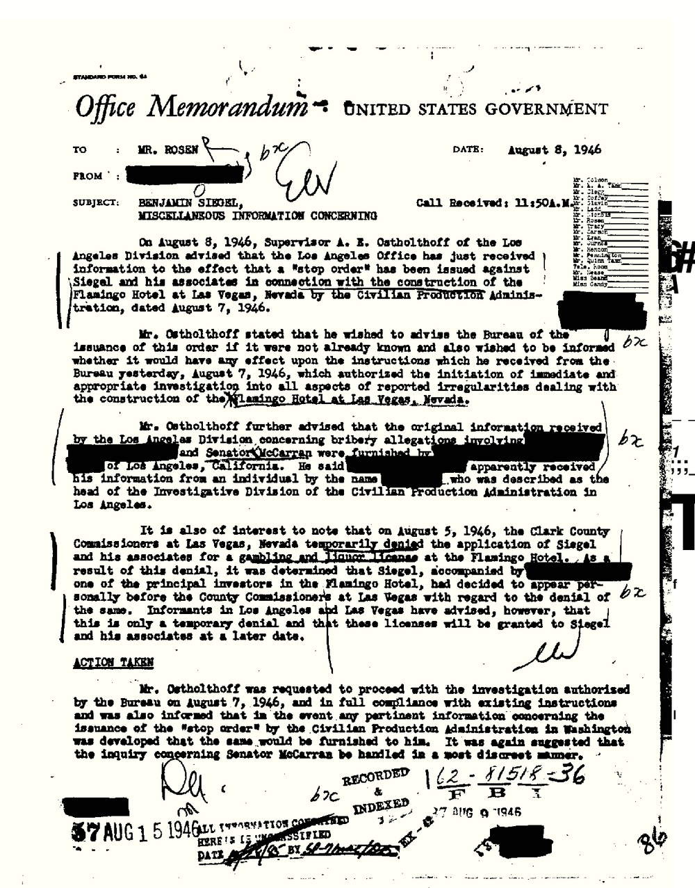 Typed FBI office memorandum to Mr. Rosen dated August 8, 1946, subject Benjamin Siegel, from the FBI Vault, Bugsy Siegel Part 01, scan 86