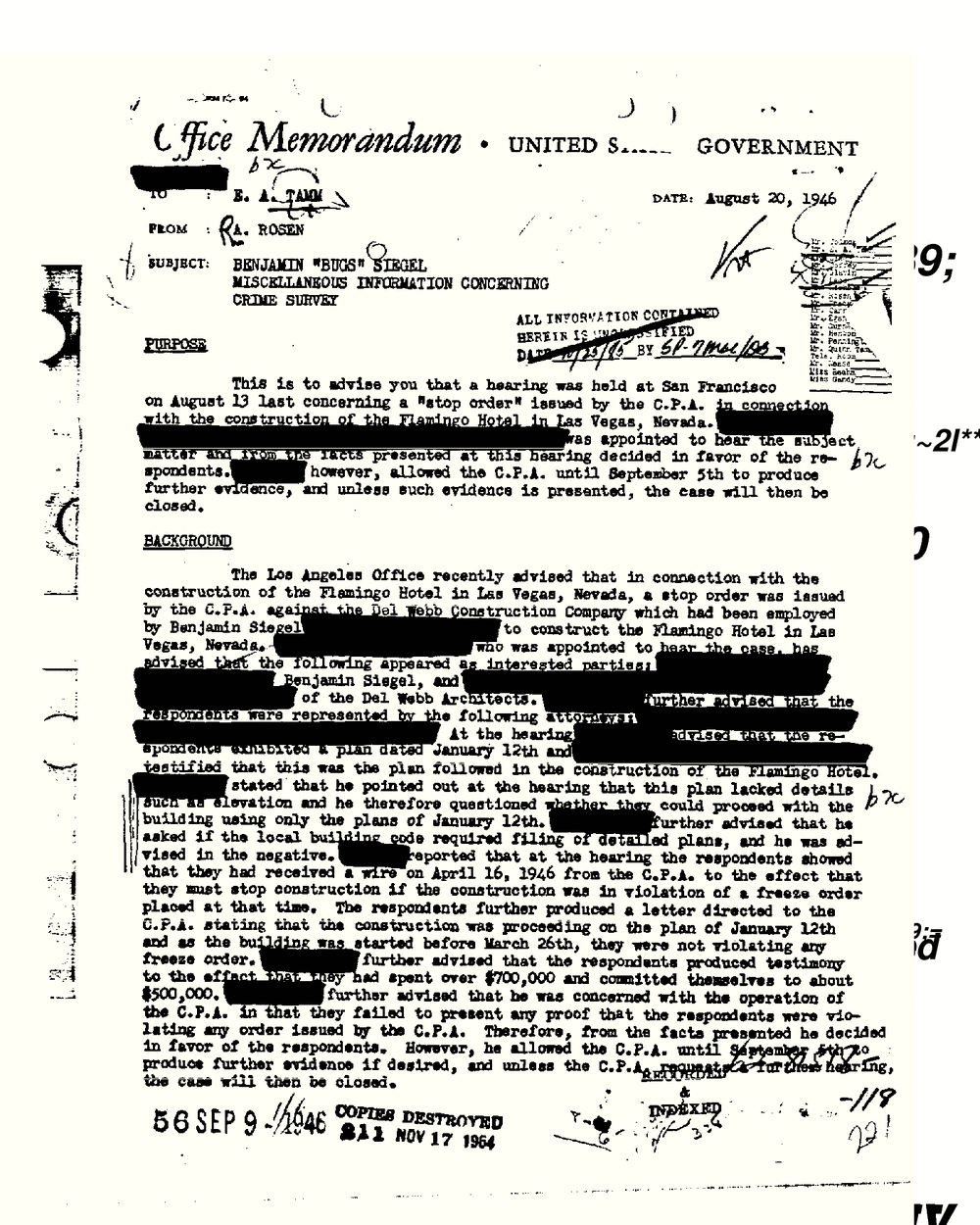 Typed FBI office memorandum to E. A. Tamm dated August 20, 1946, subject Benjamin "Bugs" Siegel, from the FBI Vault, Bugsy Siegel Part 02, scan 107