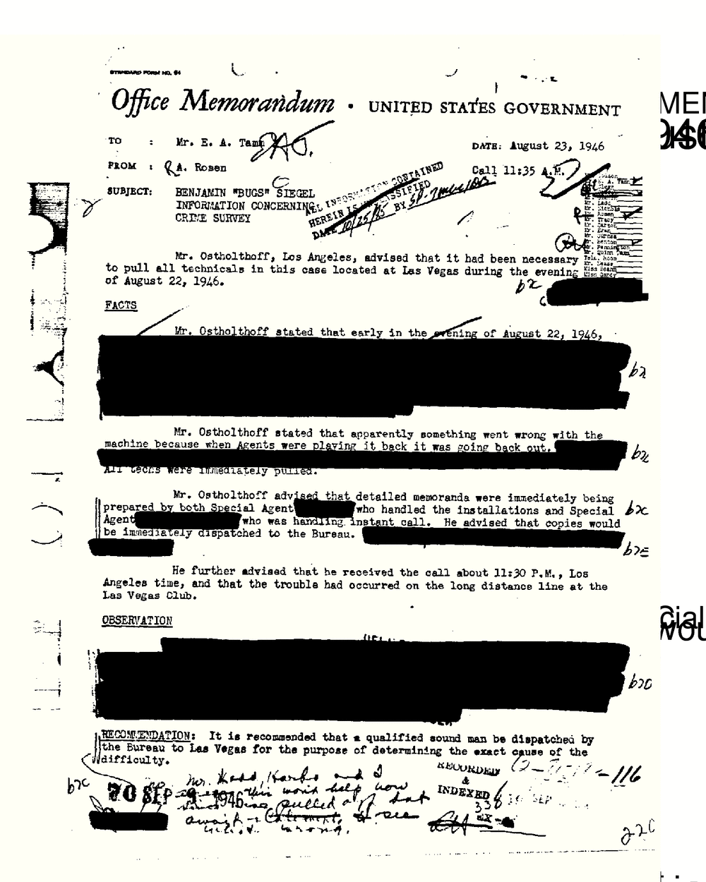 Typed FBI office memorandum to Mr. E. A. Tamm dated August 23, 1946, subject Benjamin "Bugs" Siegel, with large redactions, from the FBI Vault, Bugsy Siegel Part 02, scan 106