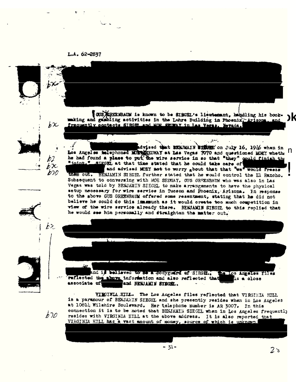 Typed page 31 of an FBI Los Angeles report, file L.A. 62-2837, partly redacted, naming Gus Greenbaum and Moe Sedway, from the FBI Vault, Bugsy Siegel Part 03, scan 28