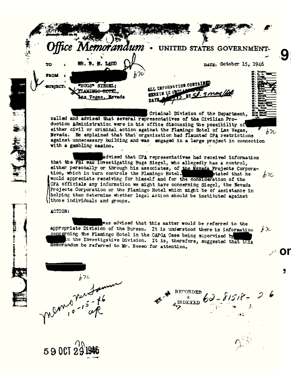 Typed FBI office memorandum to Mr. D. M. Ladd dated October 15, 1946, subject Bugs Siegel, Flamingo Hotel, Las Vegas, Nevada, from the FBI Vault, Bugsy Siegel Part 10, scan 60