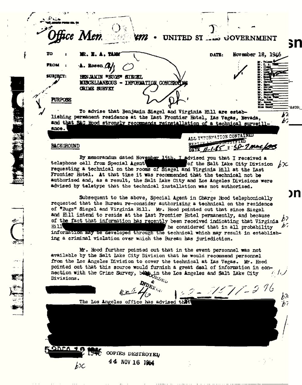 Typed FBI office memorandum to Mr. E. A. Tamm from A. Rosen dated November 18, 1946, subject Benjamin "Bugs" Siegel, with redaction bars and handwritten notes, from the FBI Vault, Bugsy Siegel Part 13, scan 62