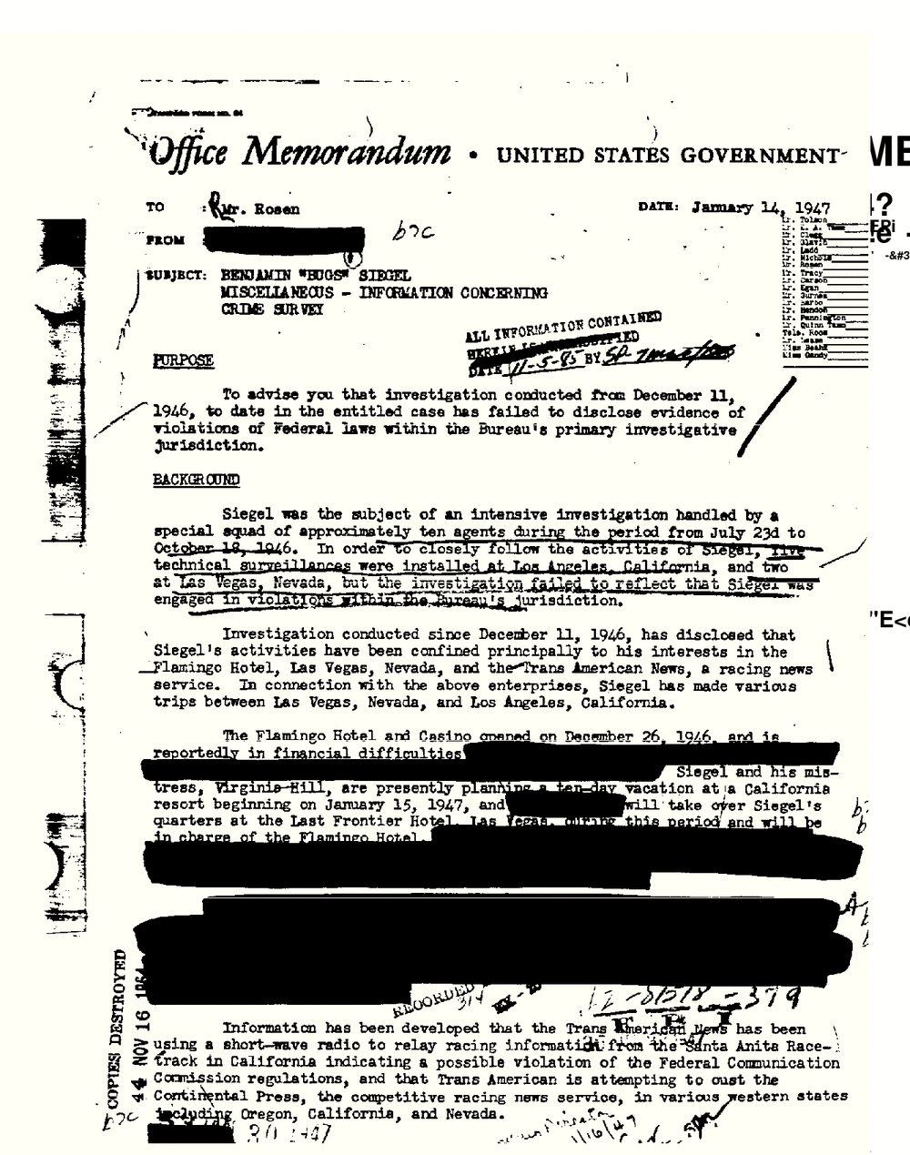 Typed FBI office memorandum to Mr. Rosen dated January 14, 1947, subject Benjamin "Bugs" Siegel, Miscellaneous, Information Concerning Crime Survey, from the FBI Vault, Bugsy Siegel Part 15, scan 52