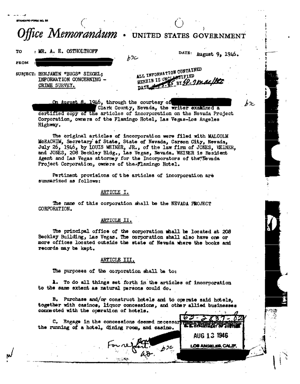 Typed FBI office memorandum to Mr. A. E. Ostholthoff dated August 9, 1946, subject Benjamin "Bugs" Siegel, summarizing the articles of incorporation of the Nevada Project Corporation, from the FBI Vault, Bugsy Siegel Part 18, scan 19