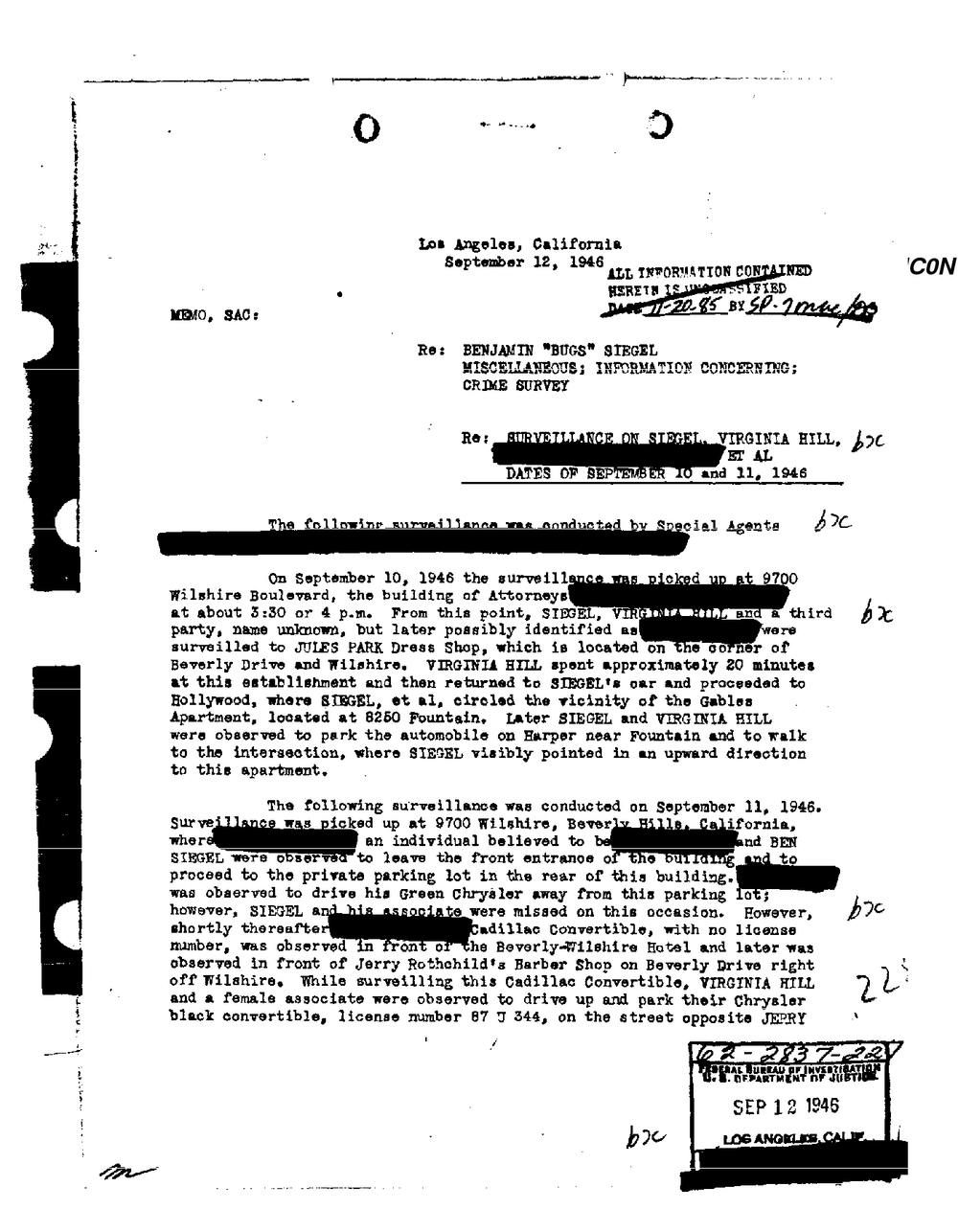 Typed FBI Los Angeles memo to the SAC dated September 12, 1946, headed Surveillance on Siegel, Virginia Hill, et al, with agents' names blacked out and a received stamp, from the FBI Vault, Bugsy Siegel Part 19, scan 29