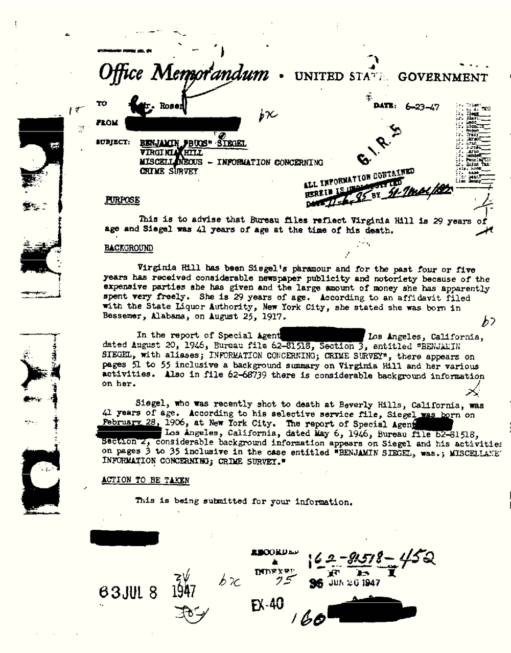 Typed FBI office memorandum to Mr. Rosen dated 6-23-47, subject Benjamin "Bugs" Siegel, Virginia Hill, with the sender blacked out and file stamps at the foot, from the FBI Vault, Bugsy Siegel Part 28, scan 65