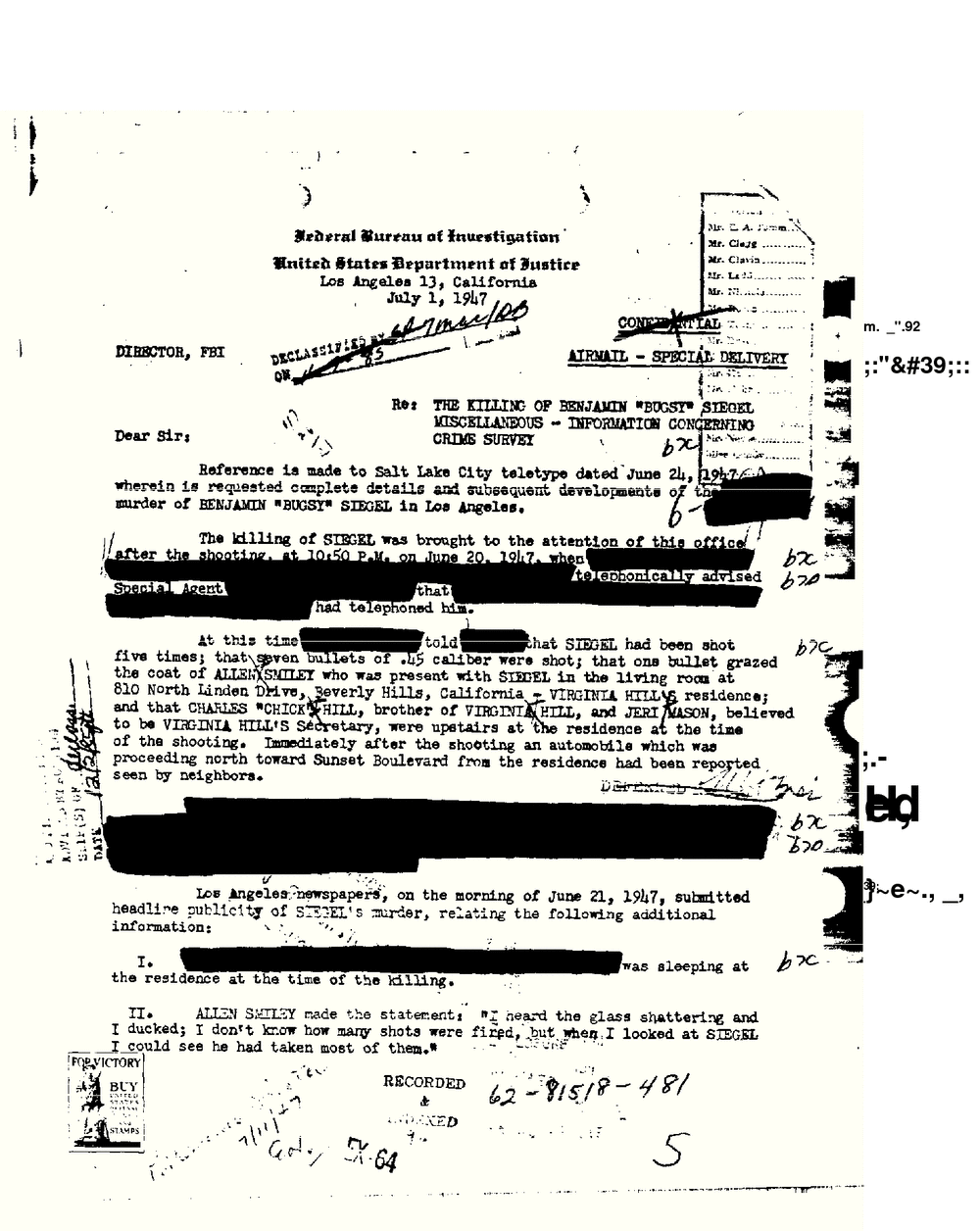 Typed FBI Los Angeles airmail letter to the Director dated July 1, 1947, regarding the killing of Benjamin "Bugsy" Siegel, from the FBI Vault, Bugsy Siegel Part 30, scan 5
