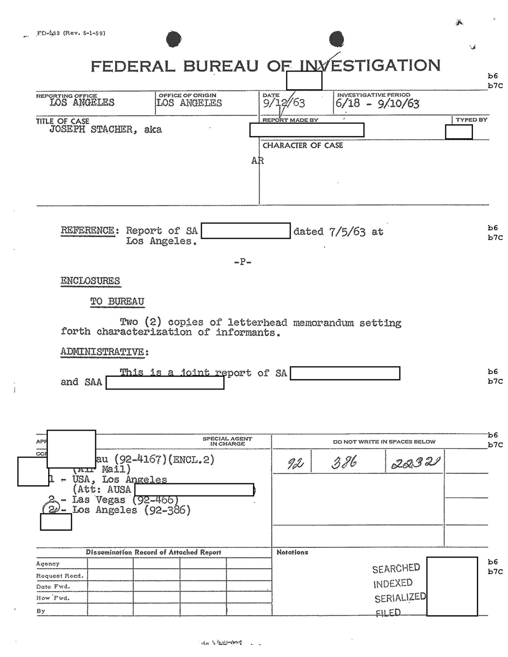 Scan 6 of Part 01 (Final) of the FBI Vault's Joseph Stacher file: cover page of a Los Angeles FD-263 report dated 9/12/63, investigative period 6/18 - 9/10/63, titled Joseph Stacher, aka, with agents' names redacted