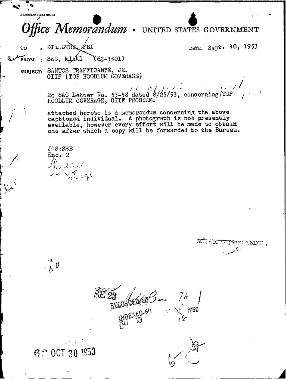 Viewer page 2 of Part 01 of the FBI Vault's Santo Trafficante file: an Office Memorandum dated Sept. 30, 1953 from SAC, Miami (62-3501) to the Director, FBI, subject Santos Trafficante, Jr., GIIF (Top Hoodlum Coverage)