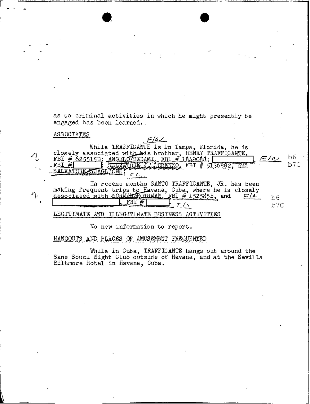 Viewer page 16 of Part 01 of the FBI Vault's Santo Trafficante file: the second page of a typed memorandum with sections headed Associates, Legitimate and Illegitimate Business Activities, and Hangouts and Places of Amusement Frequented, naming Norman Rothman, the Sans Souci Night Club and the Sevilla Biltmore Hotel, with redacted names.