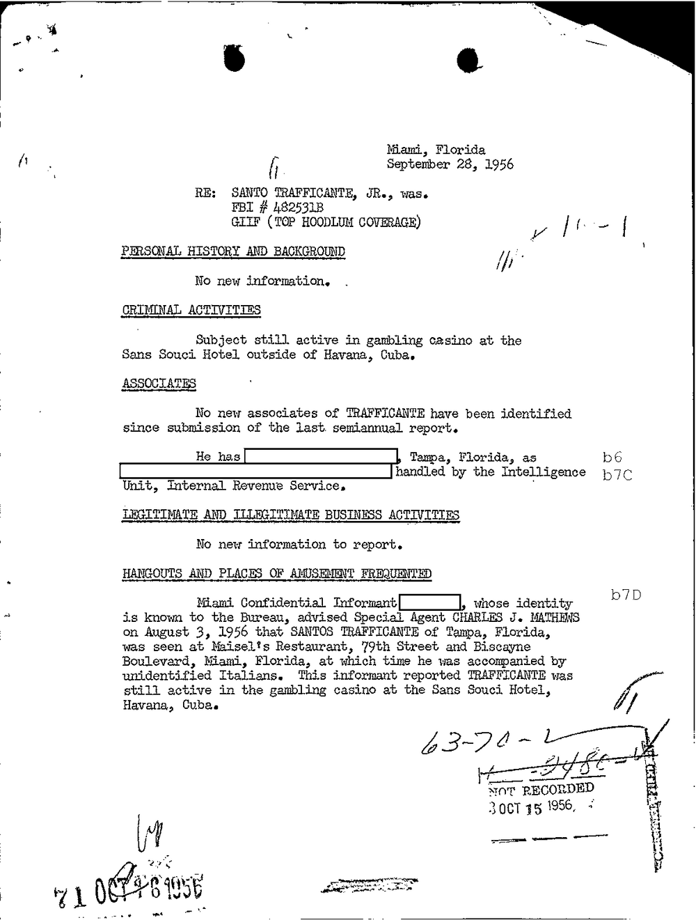 Viewer page 26 of Part 01 of the FBI Vault's Santo Trafficante file: a typed memorandum headed Miami, Florida, September 28, 1956, re Santo Trafficante, Jr., GIIF (Top Hoodlum Coverage), with sections on criminal activities, associates and hangouts, and a redacted informant number.