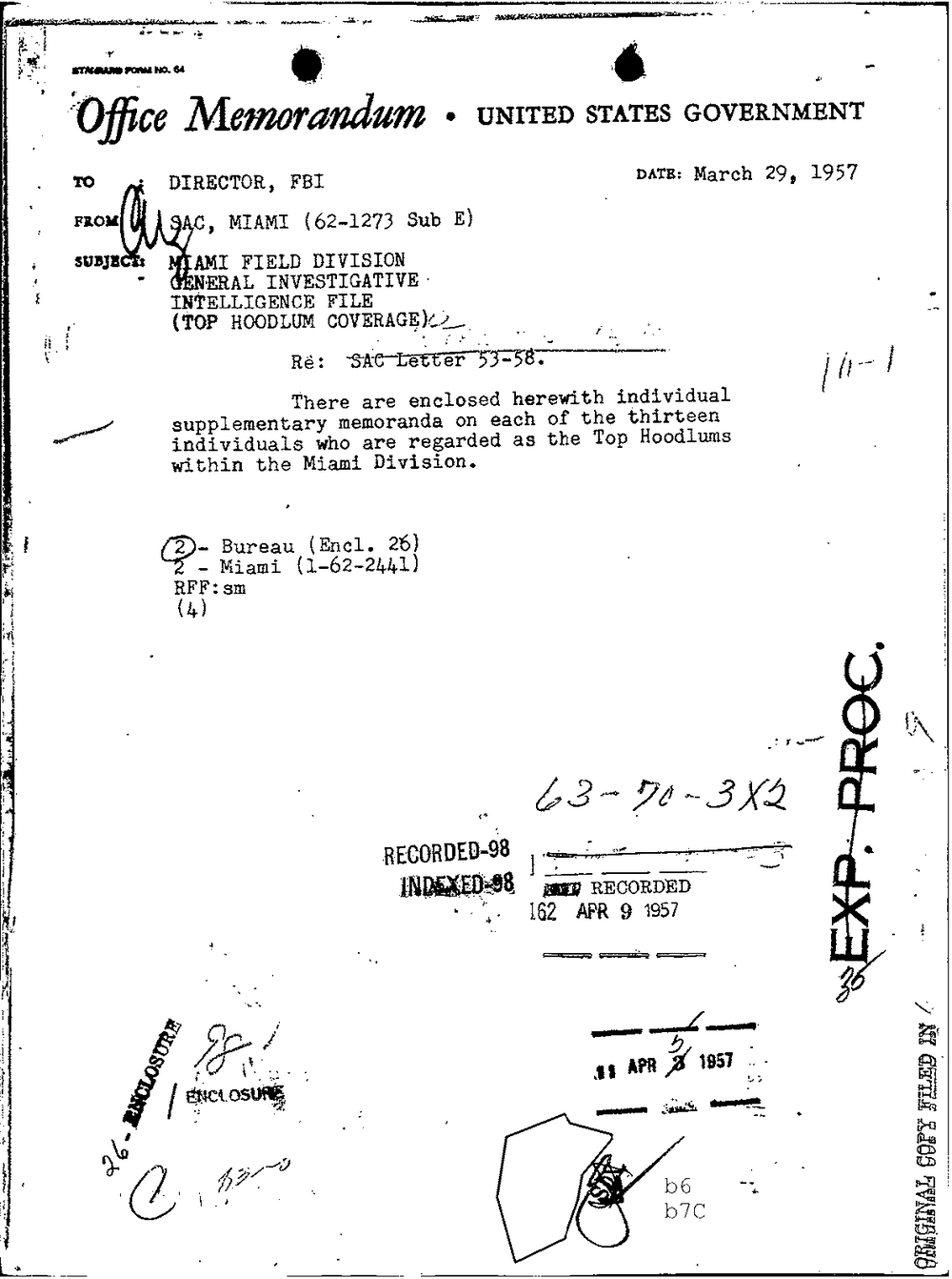 Viewer page 17 of Part 01 of the FBI Vault's Santo Trafficante file: an Office Memorandum dated March 29, 1957 from SAC, Miami (62-1273 Sub E) to the Director, FBI, subject Miami Field Division General Investigative Intelligence File (Top Hoodlum Coverage), enclosing memoranda on thirteen individuals