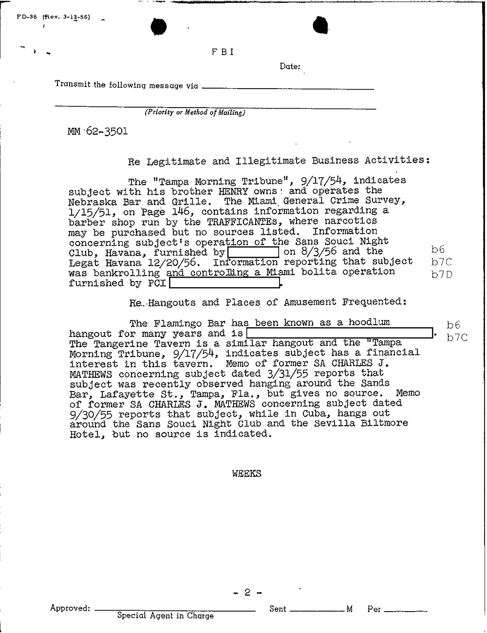 Viewer page 29 of Part 01 of the FBI Vault's Santo Trafficante file: page 2 of an FBI airtel form (FD-36), file MM 62-3501, giving the sources for the subject's legitimate and illegitimate business activities and hangouts, including the Sans Souci Night Club, Havana, and the Sevilla Biltmore Hotel.