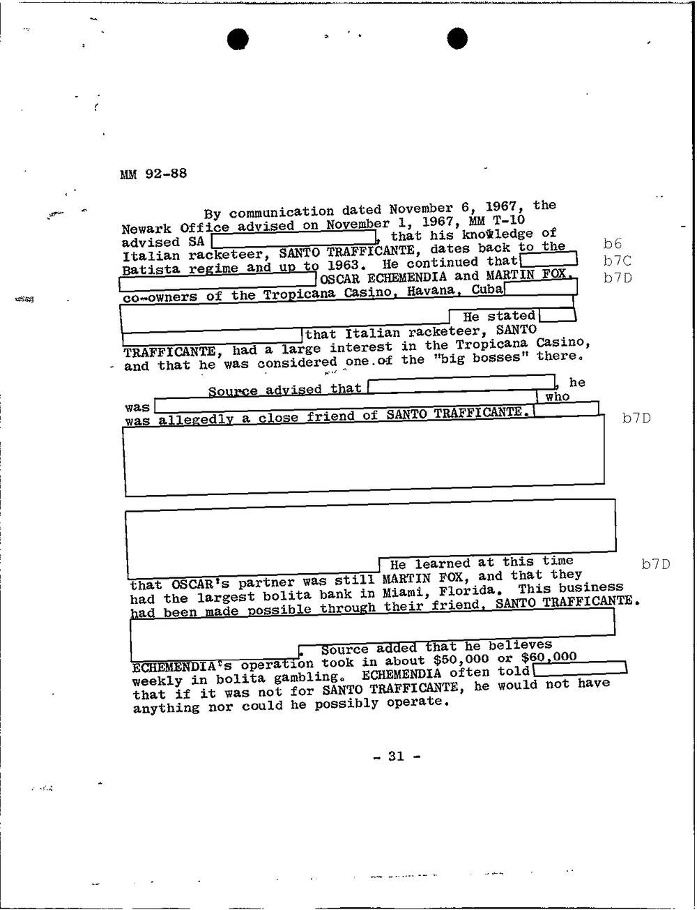 Viewer page 76 of Part 01 of the FBI Vault's Santo Trafficante file: report page 31, file MM 92-88, relaying a Newark Office communication dated November 6, 1967 on source MM T-10's statements about Santo Trafficante and the Tropicana Casino, Havana, with redactions