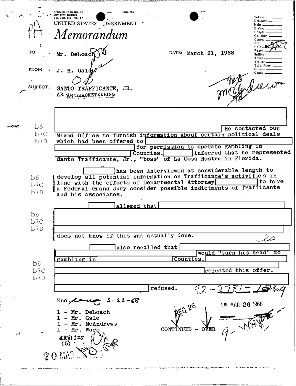 Viewer page 333 of Part 01 of the FBI Vault's Santo Trafficante file: a memorandum from J. H. Gale to Mr. DeLoach dated March 21, 1968, subject Santo Trafficante, Jr., AR Antiracketeering, heavily redacted