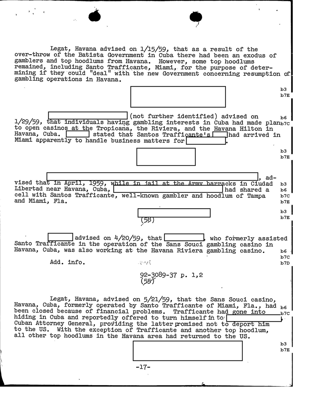 Viewer page 440 of Part 04 of the FBI Vault's Santo Trafficante file: page 17 of a typed FBI correlation summary with entries dated 1/15/59, 1/29/59, April 1959, 4/20/59 and 5/21/59 on the exodus of gamblers from Havana and the closing of the Sans Souci casino, with redactions.