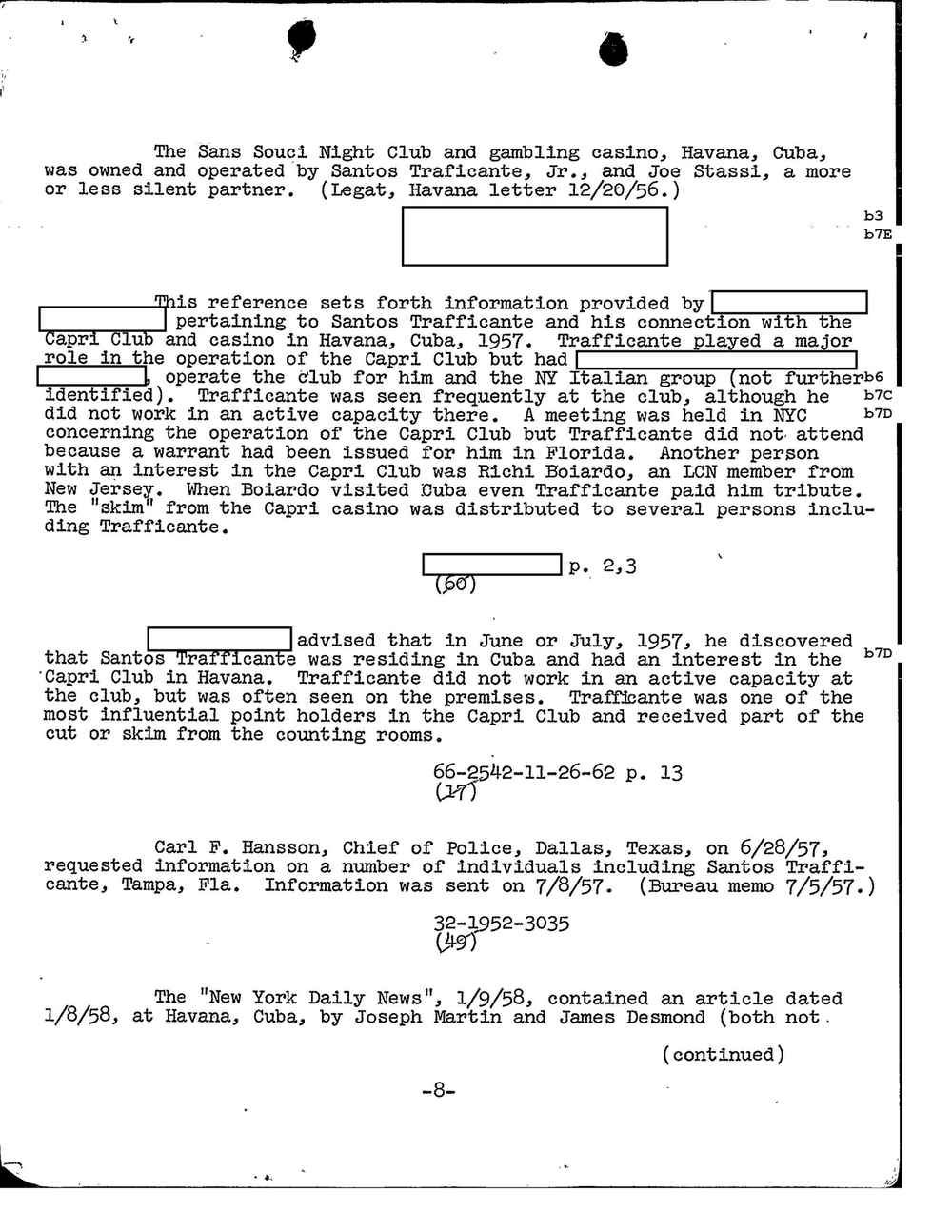Viewer page 431 of Part 04 of the FBI Vault's Santo Trafficante file: page 8 of a typed FBI correlation summary with entries on the Sans Souci Night Club and gambling casino, the Capri Club in Havana in 1957, and a 1957 Dallas police request, with redactions.