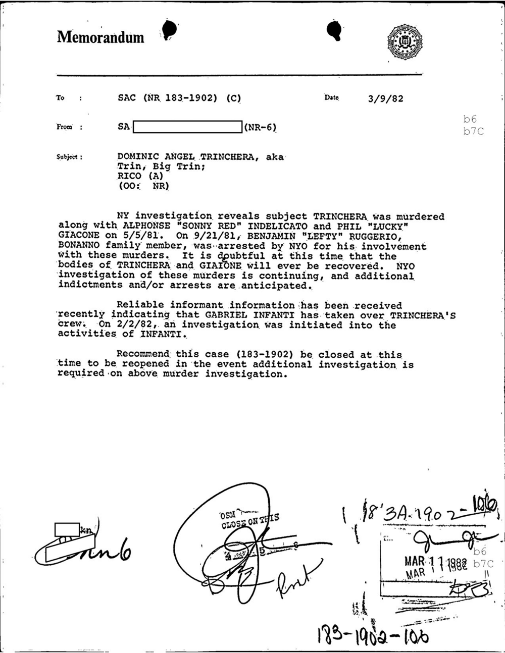 Viewer page 123 of the FBI Vault's Dominick Trinchera file: a memorandum of March 9, 1982 to the Newark SAC, file NR 183-1902, subject Dominic Angel Trinchera, aka Trin, Big Trin, RICO, recommending that the case be closed