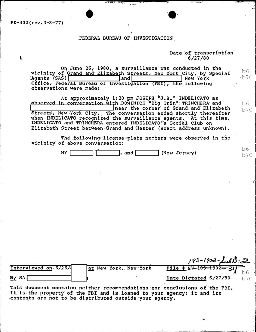 Viewer page 126 of the FBI Vault's Dominick Trinchera file: an FD-302 dated June 27, 1980 describing a surveillance on June 26, 1980 near Grand and Elizabeth Streets, New York City, with agents' names and license plate numbers redacted