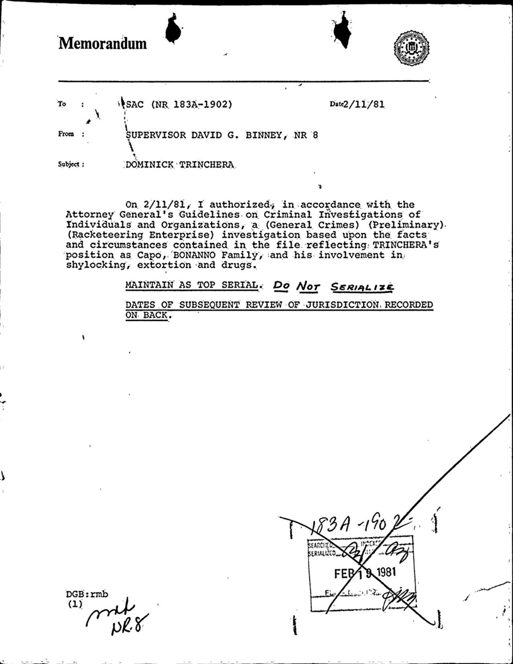 Viewer page 3 of the FBI Vault's Dominick Trinchera file: a memorandum of February 11, 1981 from Supervisor David G. Binney to the Newark SAC, file NR 183A-1902, authorizing a preliminary racketeering-enterprise investigation of Dominick Trinchera