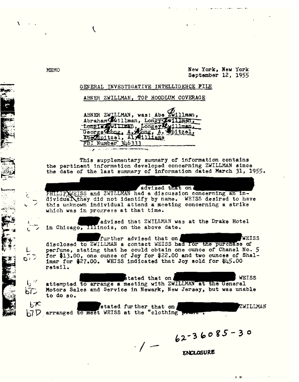 First page of an FBI New York memo dated September 12, 1955, headed General Investigative Intelligence File, Abner Zwillman, Top Hoodlum Coverage, with a list of his names and several redacted lines.