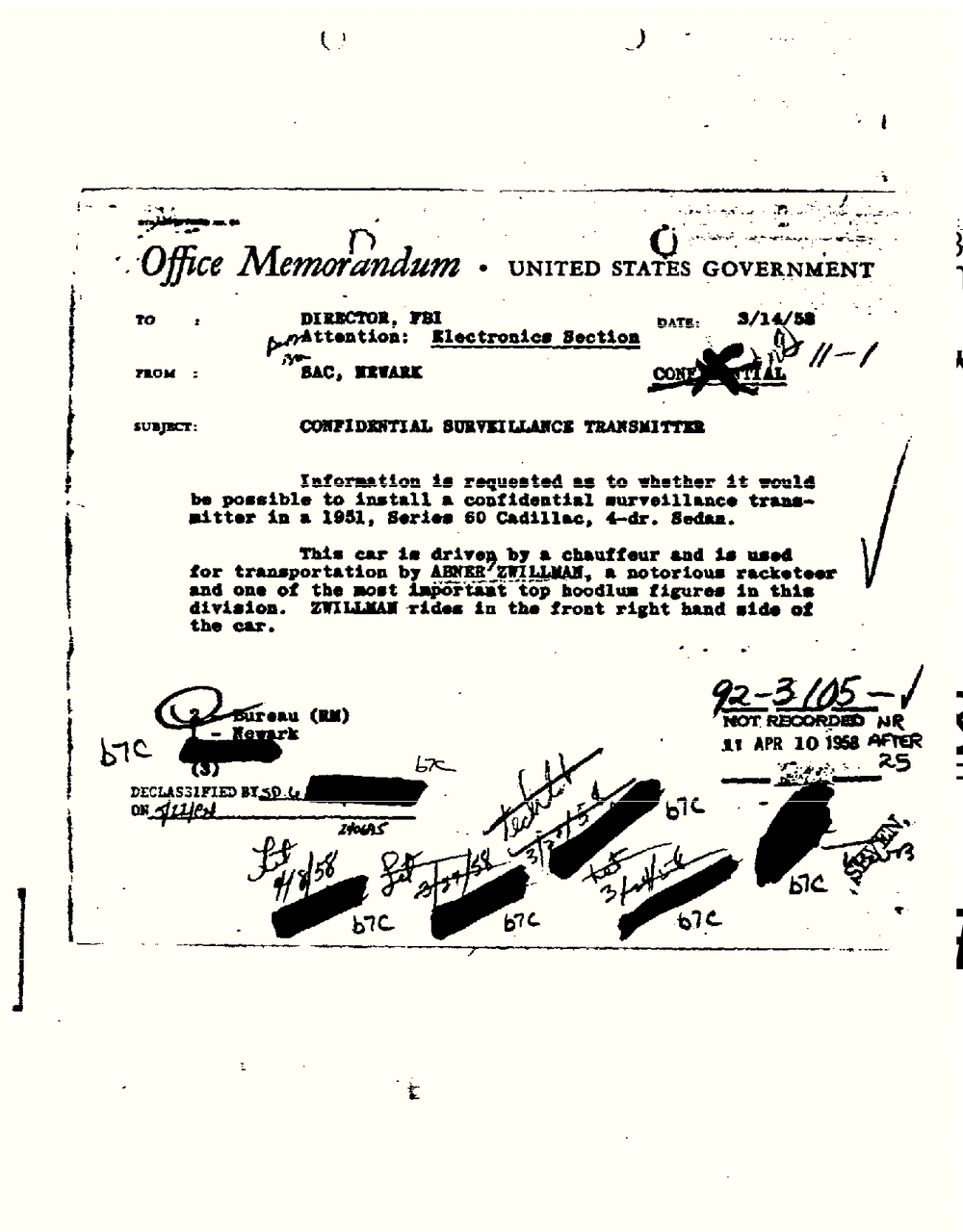 FBI office memorandum dated March 14, 1958 from SAC Newark to the Director, subject Confidential Surveillance Transmitter, asking whether one could be installed in a 1951 Cadillac used by Abner Zwillman.