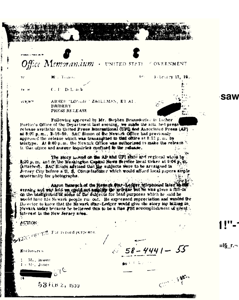FBI office memorandum dated February 17, 1959 from C. D. DeLoach to Mr. Tolson, subject Abner Longie Zwillman, et al., Bribery, Press Release, reporting the release to UPI and AP.