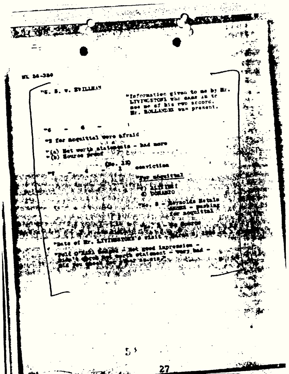 Badly degraded scan of a typed page marked NK 94-380 and U.S. v. Zwillman, with notes about information given by Mr. Livingston, votes for acquittal and conviction, net worth statements and source proof; the lower half is mostly illegible.