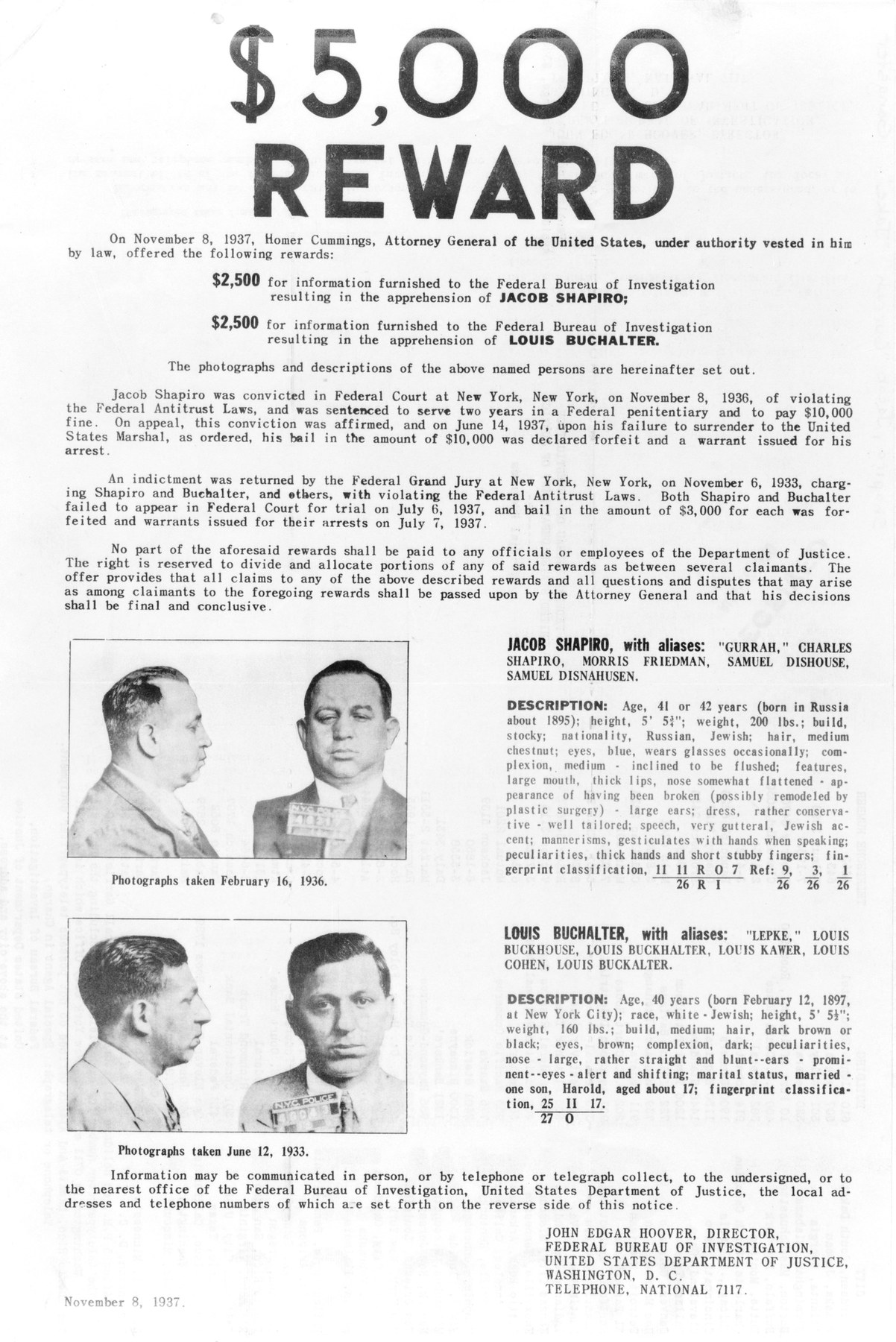 FBI wanted poster dated November 8, 1937, headed "$5,000 Reward", for Jacob Shapiro and Louis Buchalter: profile and front photographs and a description of each, over the name of John Edgar Hoover, Director.