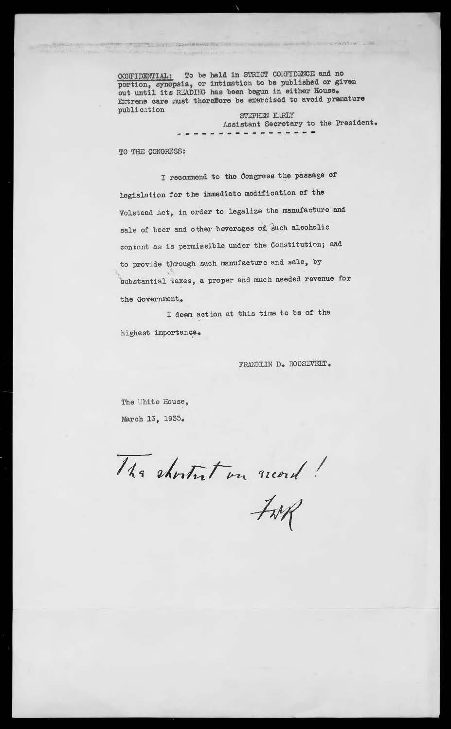One-page typed message from President Roosevelt to Congress with a handwritten note at the bottom.